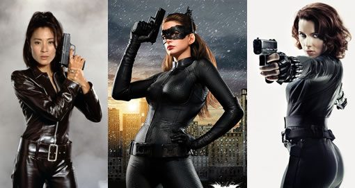Promotional photos of women in skintight black costumes with guns
