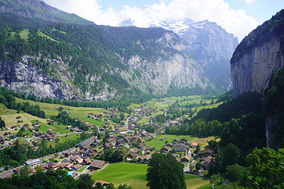 Town at the foot of the mountains in Switzerland