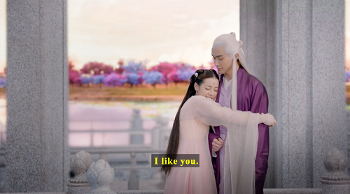 Screenshot of Fengjiu hugging Donghua and saying, 'I like you.'