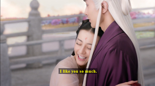 Screenshot of Fengjiu nuzzling Donghua and saying, 'I like you so much.'