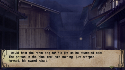 Picture of a Kyoto alley with the words, 'I could hear the ronin beg for his life as he stumbled back. The person in the blue coat said nothing, just stepped forward, his sword raised.'