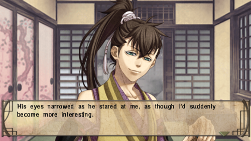 Picture of a Hakuoki character with the words, 'His eyes narrowed as he stared at me, as though I'd suddenly become more interesting.'