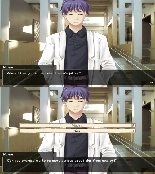 The school nurse asks the hero to be more serious about exercising in Katawa Shoujo