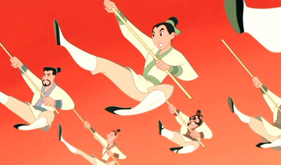 Mulan doing a flying kick